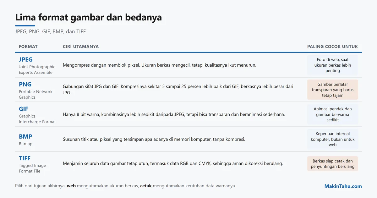 Perbandingan format gambar JPEG, PNG, GIF, BMP, dan TIFF beserta ciri dan pemakaian yang cocok