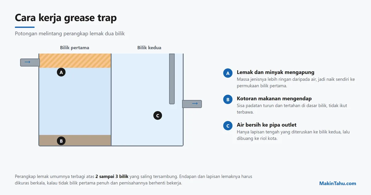 Potongan melintang grease trap dua bilik, lemak mengapung, kotoran mengendap, air bersih ke outlet