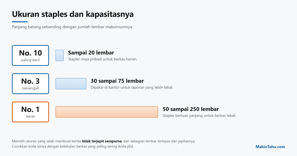 Perbandingan ukuran staples nomor 10, nomor 3, dan nomor 1 beserta kapasitas lembar masing-masing